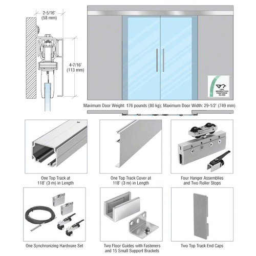 70 Series Synchronized Wall Mount Bi-Parting Slider Kit Satin Anodized