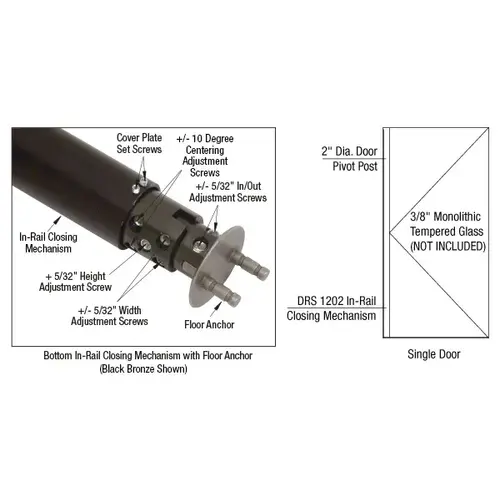 DRS 1202 Brushed Stainless Custom Size Pivoting Single Hold Open Door with Force 1 Closer for 3/8" Glass