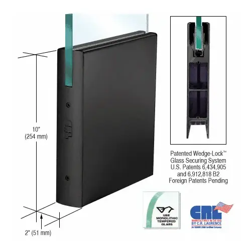 Black Powder Coated 1/2" Glass 10" Square Door Rail Without Lock - Custom Length