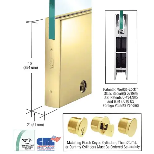 Polished Brass 1/2" Glass 10" Square Door Rail With Lock - Custom Length