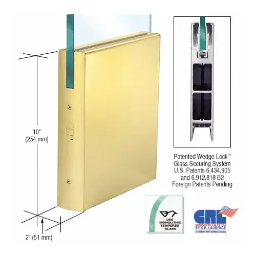 Satin Brass 1/2" Glass 10" Square Door Rail Without Lock - Custom Length