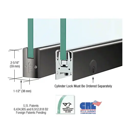 CRL DR2SBL38PL Black Powder Coated 3/8" Glass Low Profile Square Door Rail With Lock - 8" Patch