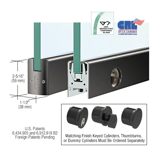 CRL DR2SBL38SL Black Powder Coated 3/8" Glass Low Profile Square Door Rail With Lock - 35-3/4" Length