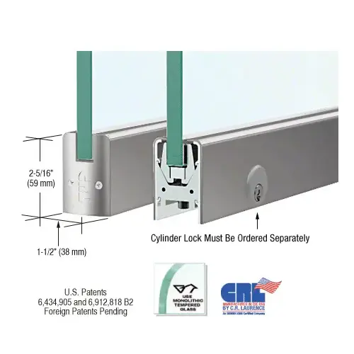 CRL DR2SBS38PL Brushed Stainless 3/8" Glass Low Profile Square Door Rail With Lock - 8" Patch