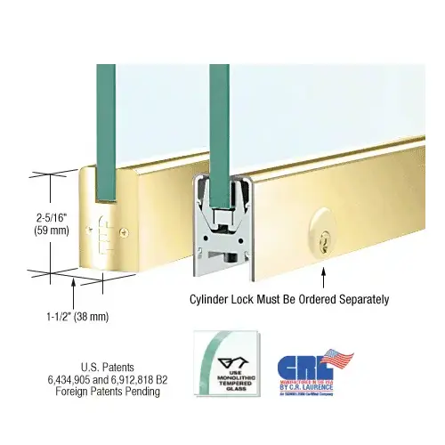 CRL DR2SPB38PL Polished Brass 3/8" Glass Low Profile Square Door Rail With Lock - 8" Patch