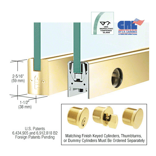 CRL DR2SPB38SL Polished Brass 3/8" Glass Low Profile Square Door Rail With Lock - 35-3/4" Length