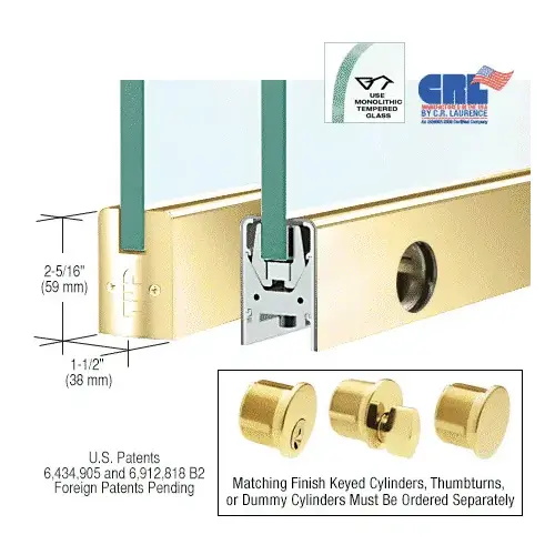 CRL DR2SPB12SL Polished Brass 1/2" Glass Low Profile Square Door Rail With Lock - 35-3/4" Length