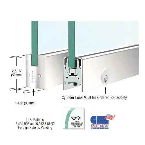 CRL DR2SPS38PL Polished Stainless 3/8" Glass Low Profile Square Door Rail With Lock - 8" Patch