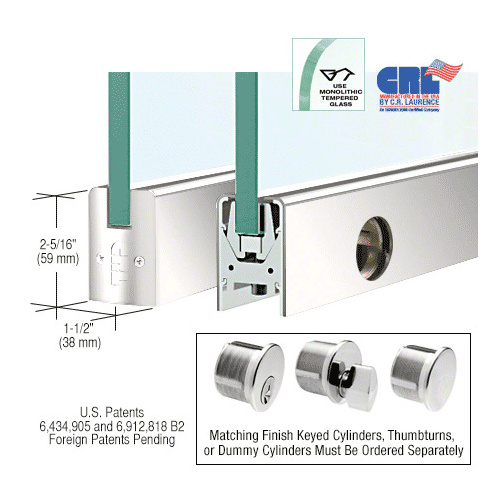 CRL DR2SPS38SL Polished Stainless 3/8" Glass Low Profile Square Door Rail with Lock - 35-3/4" Length