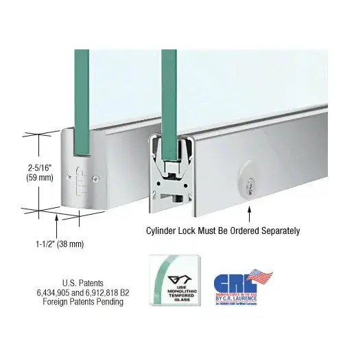 CRL DR2SSA12PL Satin Anodized 1/2" Glass Low Profile Square Door Rail With Lock - 8" Patch