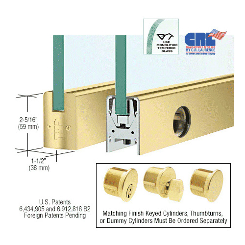 Satin Brass 1/2" Glass Low Profile Square Door Rail With Lock - Custom Length