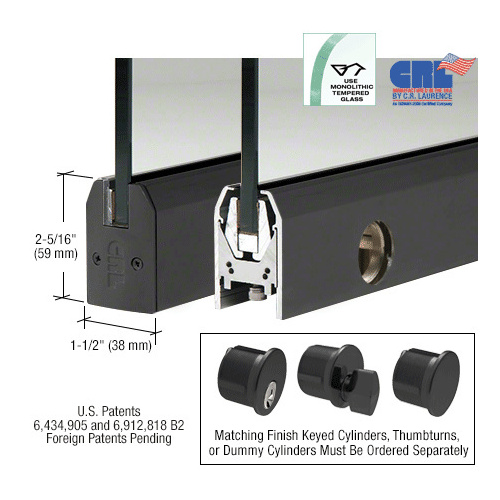 CRL DR2TBL38PL Black Powder Coated 3/8" Glass Low Profile Tapered Door Rail With Lock - 8" Patch