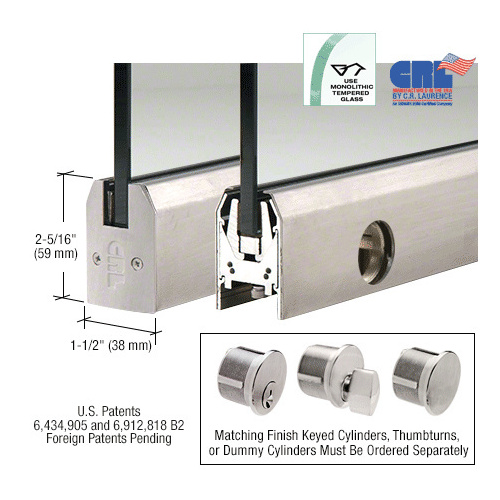 CRL DR2TBS38PL Brushed Stainless 3/8" Glass Low Profile Tapered Door Rail With Lock - 8" Patch