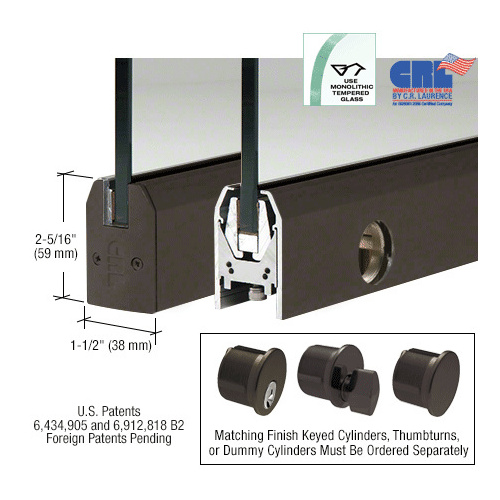 CRL DR2TDU38SL Black Bronze 3/8" Glass Low Profile Tapered Door Rail With Lock - 35-3/4" Length