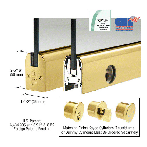 CRL DR2TPB12SL Polished Brass 1/2" Glass Low Profile Tapered Door Rail With Lock - 35-3/4" Length