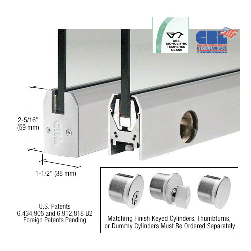 Satin Anodized 1/2" Glass Low Profile Tapered Door Rail With Lock - 35-3/4" Length