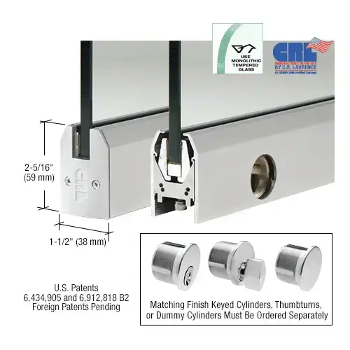 Satin Anodized 3/8" Glass Low Profile Tapered Door Rail With Lock - 8" Patch