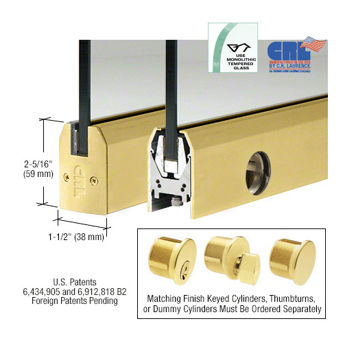 Satin Brass 3/8" Glass Low Profile Tapered Door Rail With Lock - Custom Length