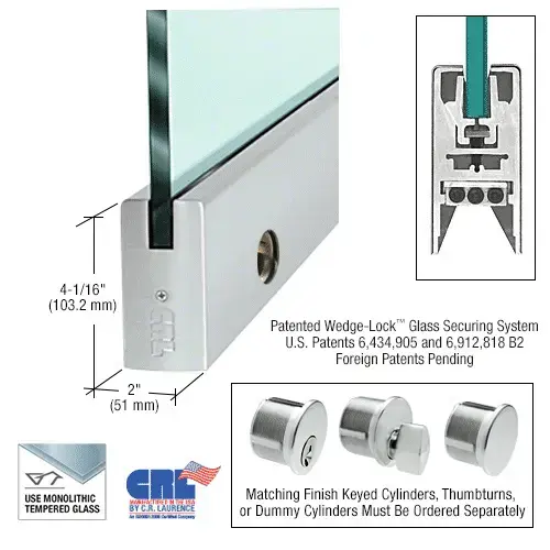 Brushed Stainless 1/2" Glass 4" Square Door Rail With Lock - Custom Length