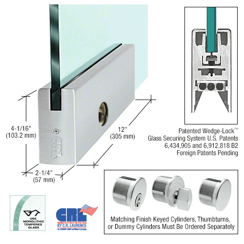 Brushed Stainless 5/8" Glass 4" Square Door Rail With Lock - 12" Patch