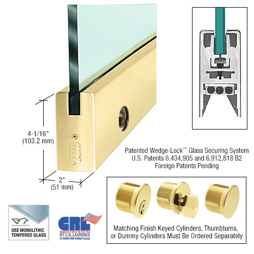 Polished Brass 1/2" Glass 4" Square Door Rail With Lock - 35-3/4" Length