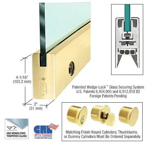 CRL DR4SPB38SL Polished Brass 3/8" Glass 4" Square Door Rail With Lock - 35-3/4" Length
