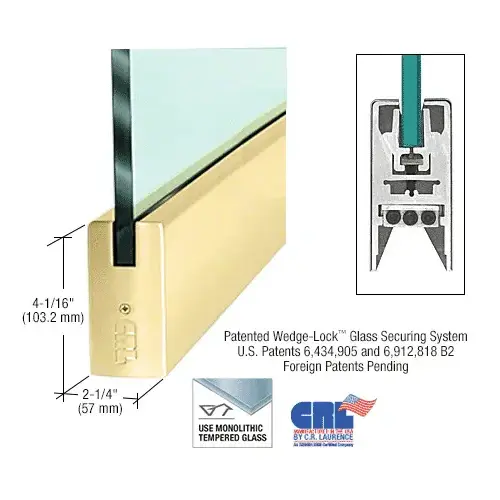 Polished Brass 3/4" Glass 4" Square Door Rail Without Lock - Custom Length