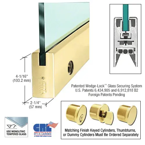 Polished Brass 3/4" Glass 4" Square Door Rail With Lock - Custom Length