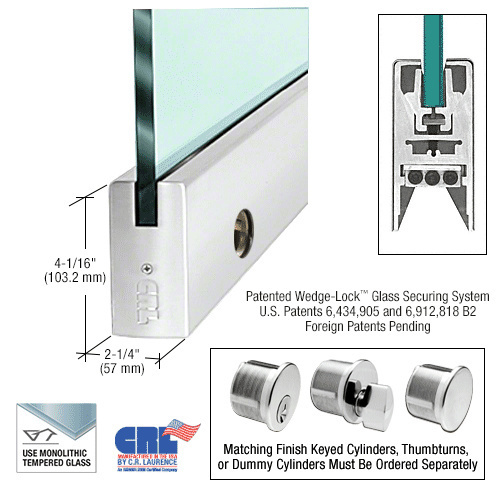 CRL DR4SPS34SL Polished Stainless 3/4" Glass 4" Square Door Rail With Lock - 35-3/4" Length