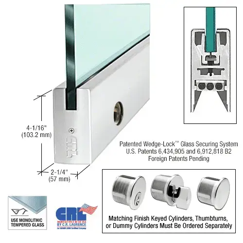 CRL DR4SPS34SL Polished Stainless 3/4" Glass 4" Square Door Rail With Lock - 35-3/4" Length
