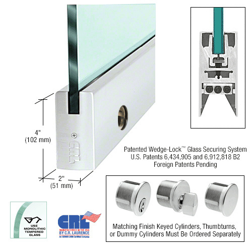 CRL DR4SSA12SL Satin Anodized 1/2" Glass 4" Square Door Rail With Lock - 35-3/4" Length