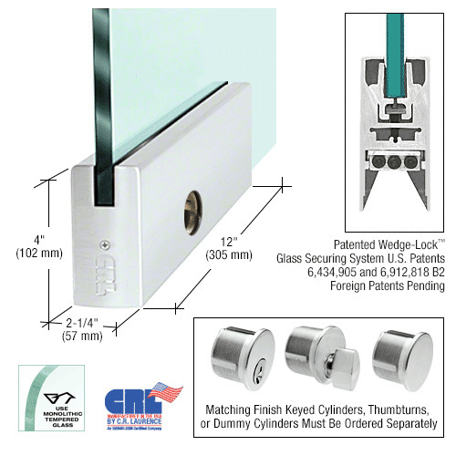 Satin Anodized 3/4" Glass 4" Square Door Rail With Lock - 12" Patch