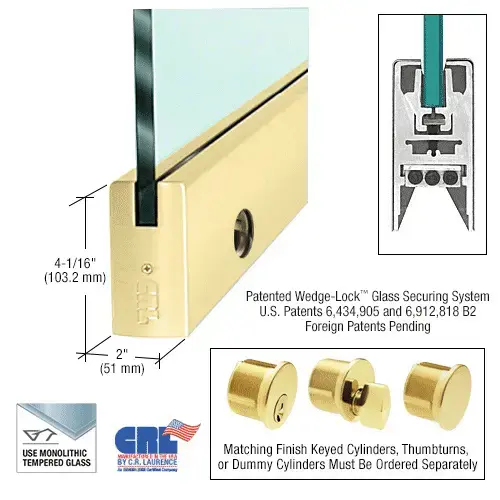 Satin Brass 1/2" Glass 4" Square Door Rail With Lock - Custom Length