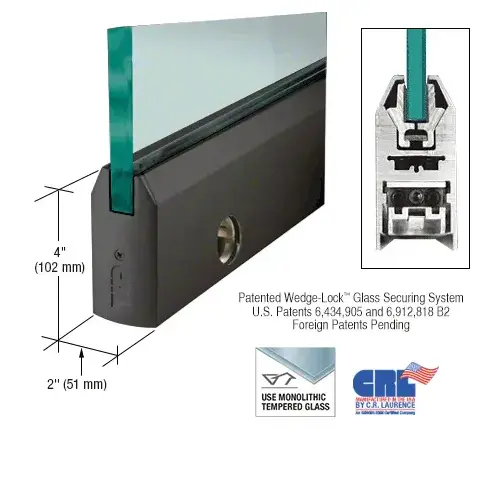 Black Powder Coated 3/8" Glass 4" Tapered Door Rail With Lock - Custom Length