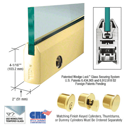 Polished Brass 1/2" Glass 4" Tapered Door Rail With Lock - 35-3/4" Length