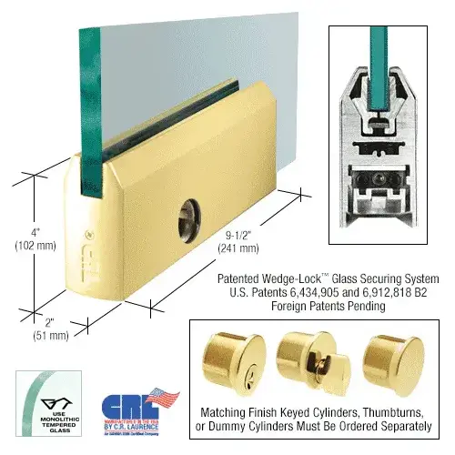 CRL DR4TPB38PL Polished Brass 3/8" Glass 4" Tapered Door Rail With Lock - 9-1/2" Patch