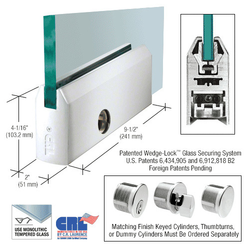 CRL DR4TPS12PL Polished Stainless 1/2" Glass 4" Tapered Door Rail With Lock - 9-1/2" Patch