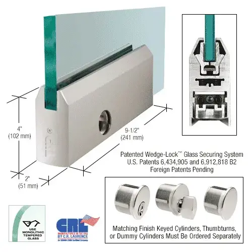 Satin Anodized 1/2" Glass 4" Tapered Door Rail With Lock - 9-1/2" Patch