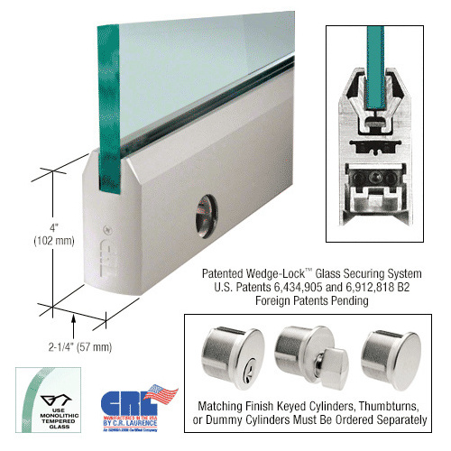 Satin Anodized 3/4" Glass 4" Tapered Door Rail With Lock - Custom Length