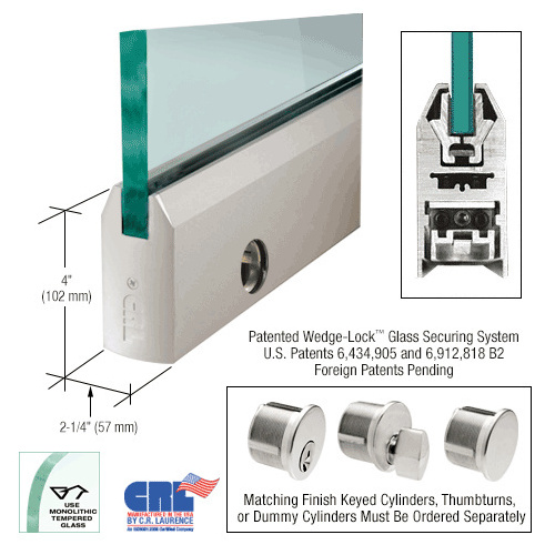 Satin Anodized 5/8" Glass 4" Tapered Door Rail With Lock - 35-3/4" Length