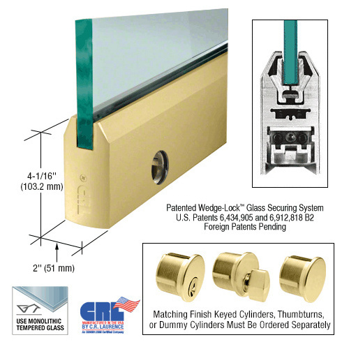 Satin Brass 3/8" Glass 4" Tapered Door Rail With Lock - Custom Length