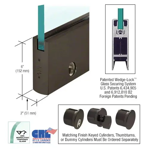Oil Rubbed Bronze 1/2" Glass 6" Square Door Rail With Lock - Custom Length