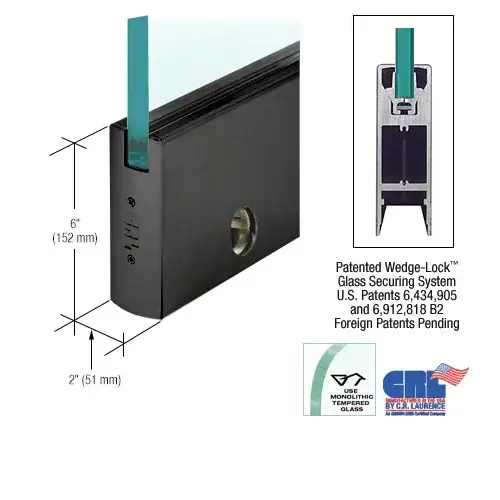 Black Powder Coat 3/8" Glass 6" Square Door Rail With Lock - Custom Length