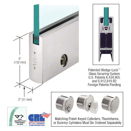 Brushed Stainless 1/2" Glass 6" Square Door Rail With Lock - Custom Length