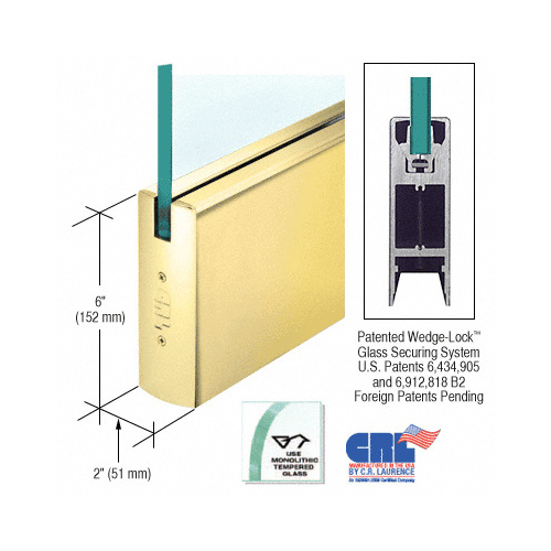 Polished Brass 1/2" Glass 6" Square Door Rail Without Lock - 35-3/4" Length