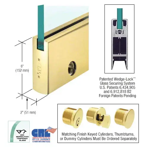 Polished Brass 1/2" Glass 6" Square Door Rail With Lock - Custom Length