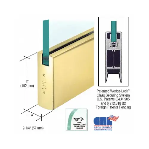 Satin Brass 5/8" Glass 6" Square Door Rail Without Lock - Custom Length