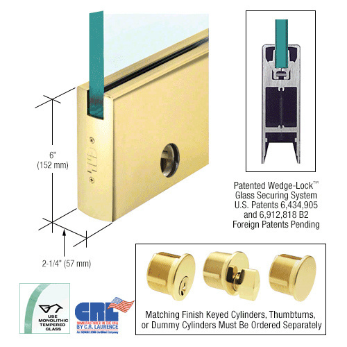 Polished Brass 3/4" Glass 6" Square Door Rail With Lock - Custom Length