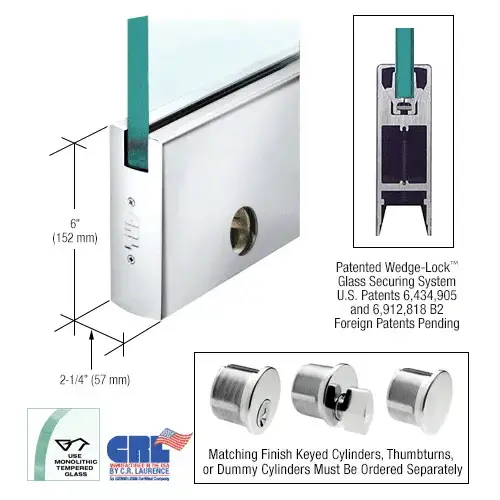 Polished Stainless 3/4" Glass 6" Square Door Rail With Lock - 35-3/4" Length