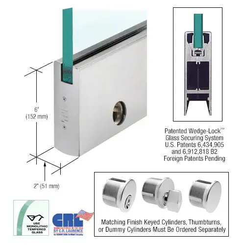 Satin Anodized 1/2" Glass 6" Square Door Rail With Lock - 35-3/4" Length